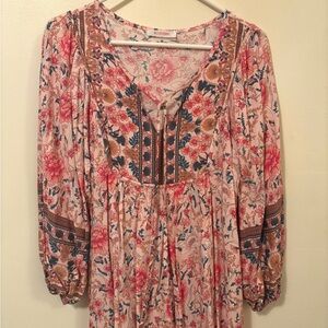 Pink and Brown Floral Long Sleeve Babydoll Mini Dress